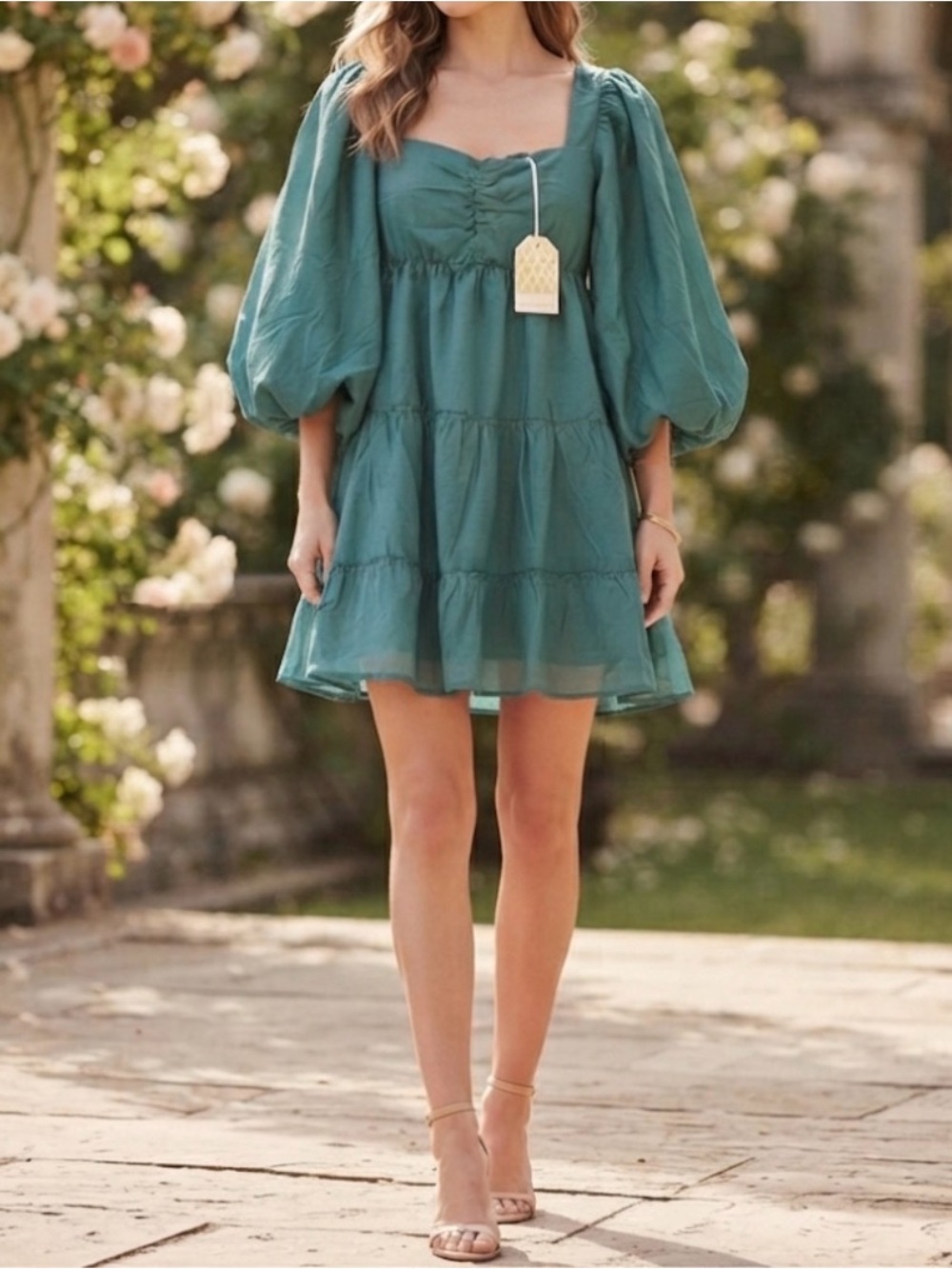 BEYOND WORDS Tiered Mini Dress With Puff Sleeves